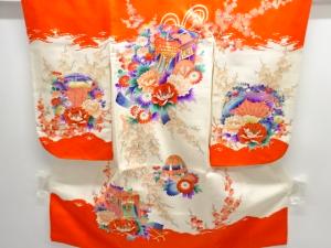 アンティーク　御所車に花模様刺繍着物